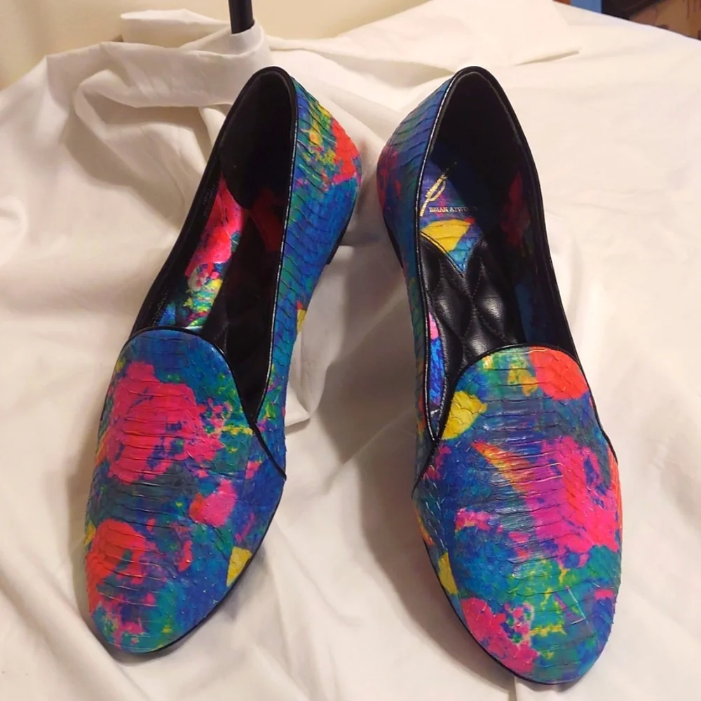 Brian Atwood Multicolored Snakeskin Flats Sz 10/41 GUC